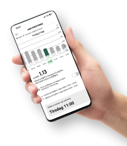 Smartphone, der viser appen MinForsyning med de aktuelle timepriser